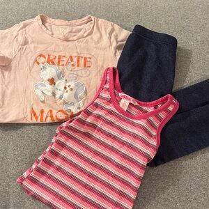 5/$15- Pink Unicorn Tee and Striped Tank with Navy Leggings